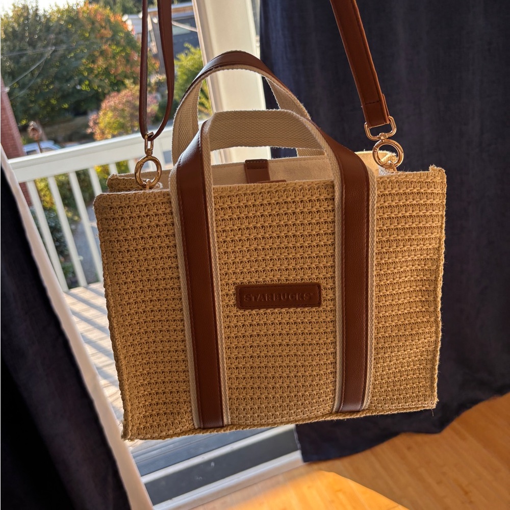 Starbucks Tan Woven Tote with Brown Accents